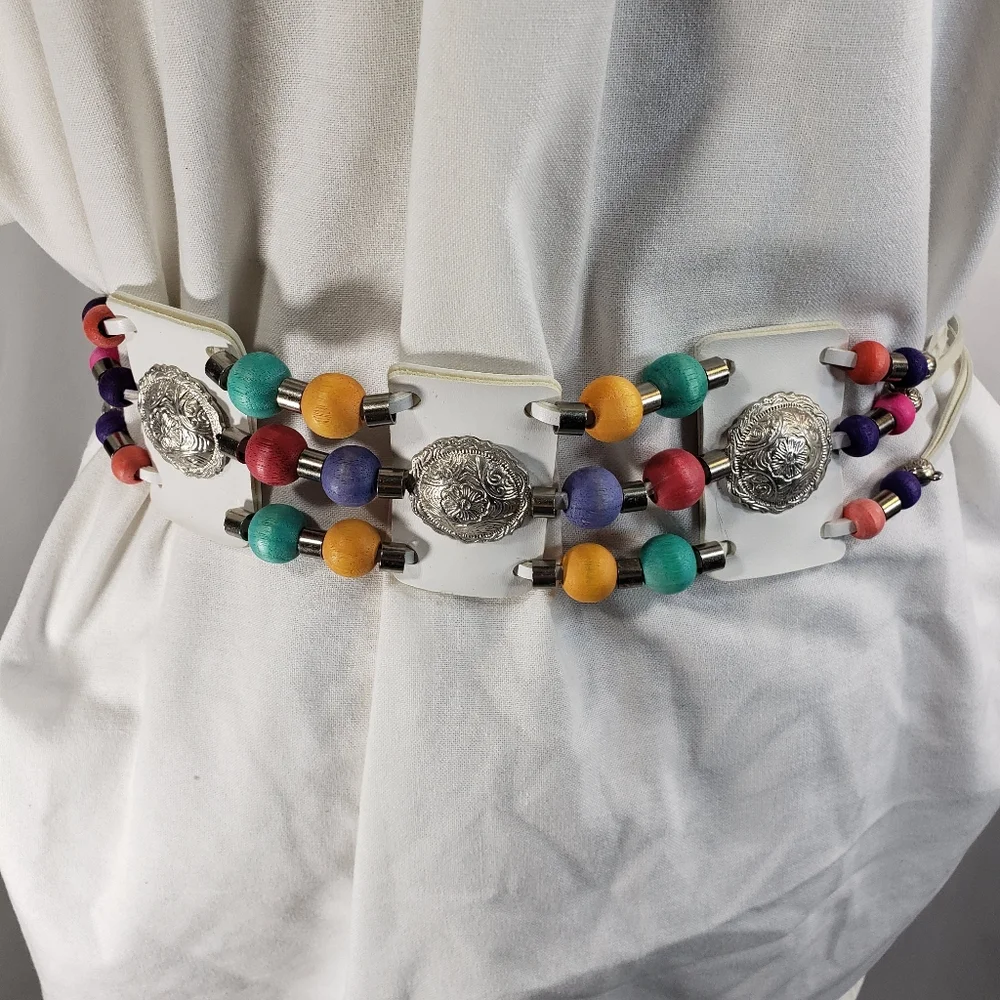 Designer Western Style White w/Multi  Leather Wooden Bead Accents Belt